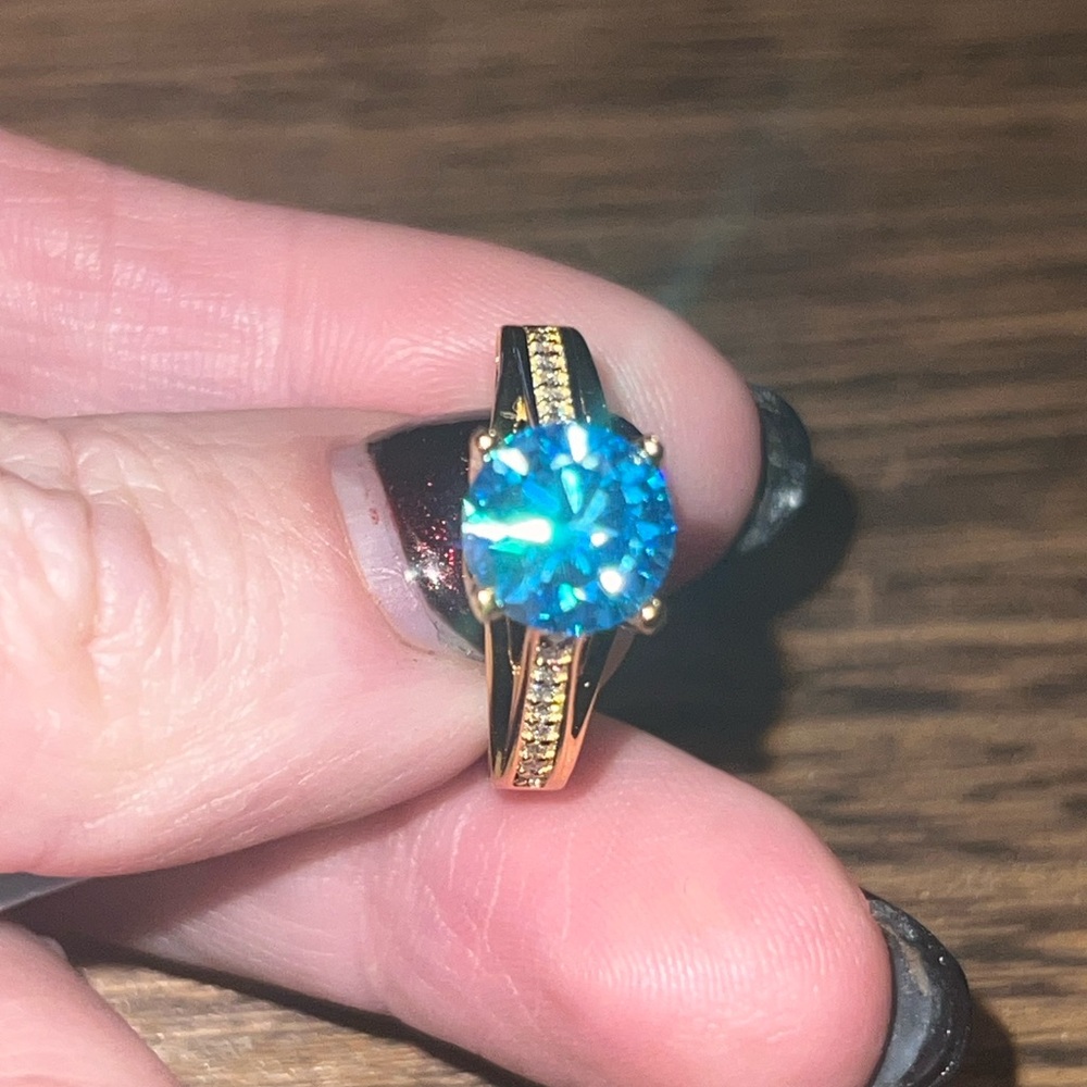 Size 6 Blue Moissanite Gold Over Silver Ring